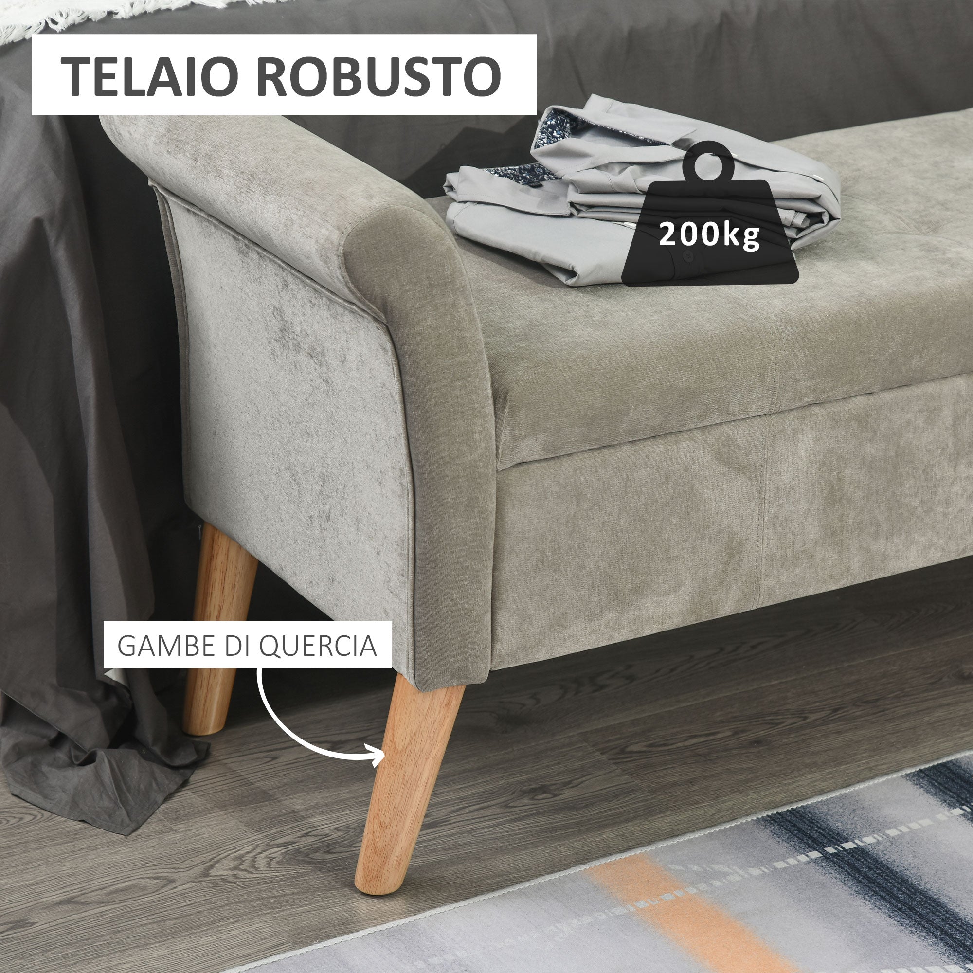 Vintage Style Storage Bench with Upholstered Seat, Entryway and Bedroom Bench with Arms, Gray