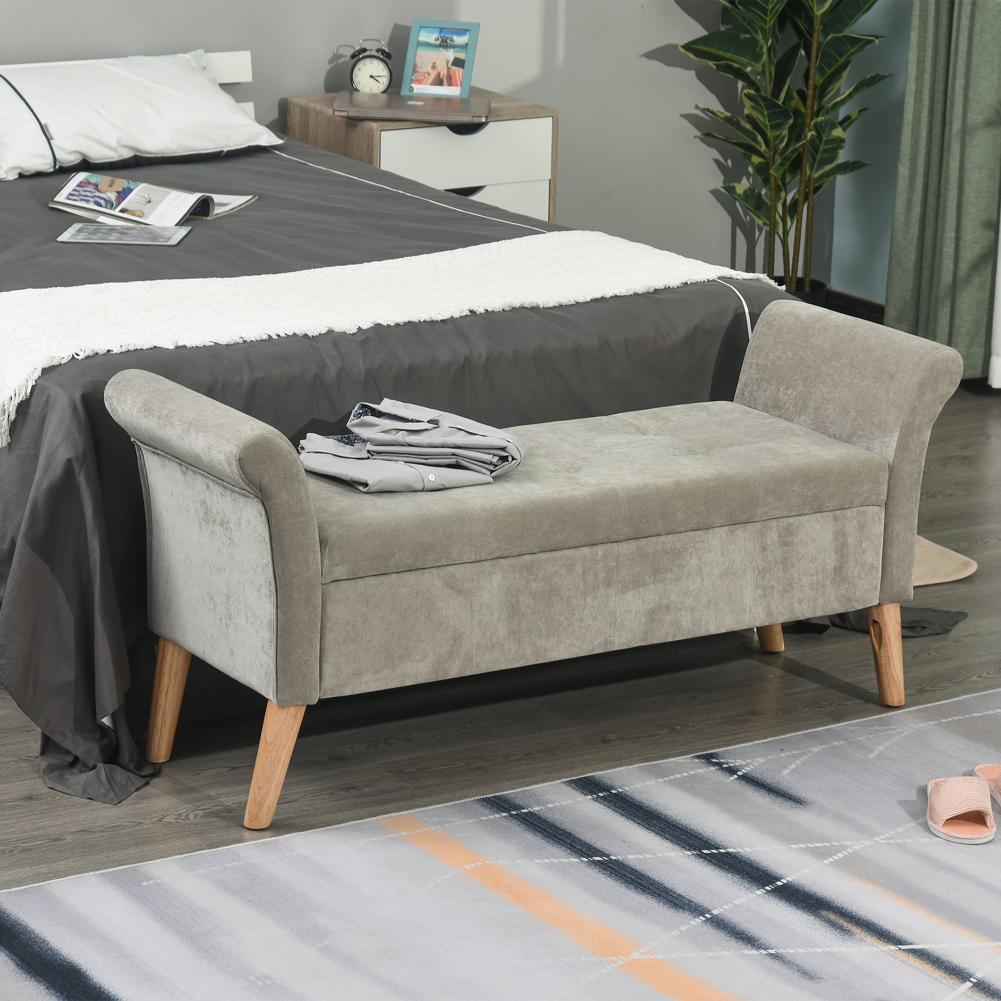 Vintage Style Storage Bench with Upholstered Seat, Entryway and Bedroom Bench with Arms, Gray