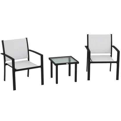 3-Piece Garden Coffee Table Set and 2 Stackable Chairs, Glass Table with Breathable Mesh Outdoor Chairs, Light Gray