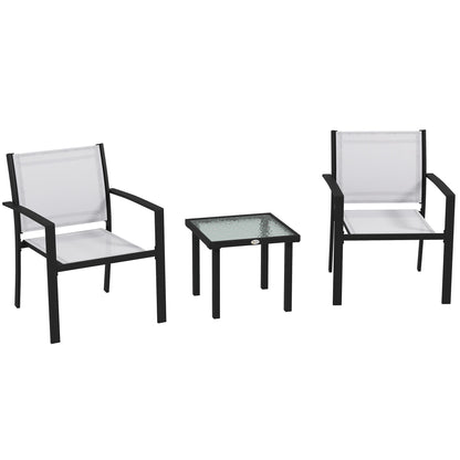 3-Piece Garden Coffee Table Set and 2 Stackable Chairs, Glass Table with Breathable Mesh Outdoor Chairs, Light Gray