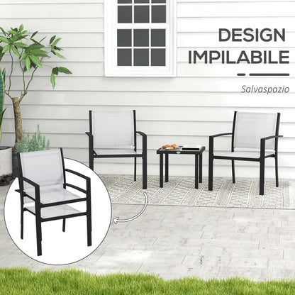 3-Piece Garden Coffee Table Set and 2 Stackable Chairs, Glass Table with Breathable Mesh Outdoor Chairs, Light Gray