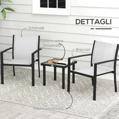 3-Piece Garden Coffee Table Set and 2 Stackable Chairs, Glass Table with Breathable Mesh Outdoor Chairs, Light Gray
