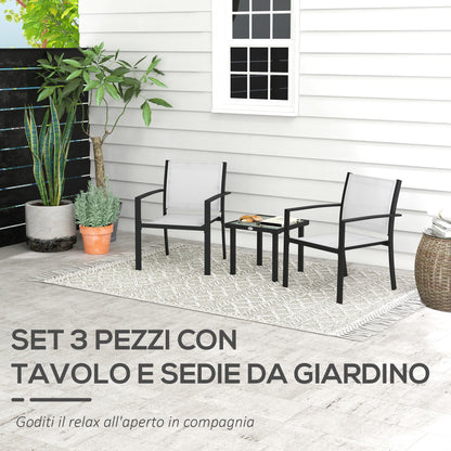 3-Piece Garden Coffee Table Set and 2 Stackable Chairs, Glass Table with Breathable Mesh Outdoor Chairs, Light Gray