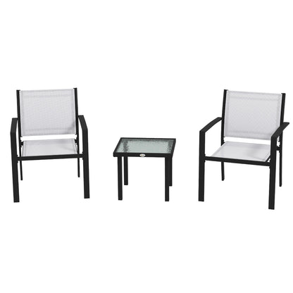 3-Piece Garden Coffee Table Set and 2 Stackable Chairs, Glass Table with Breathable Mesh Outdoor Chairs, Light Gray