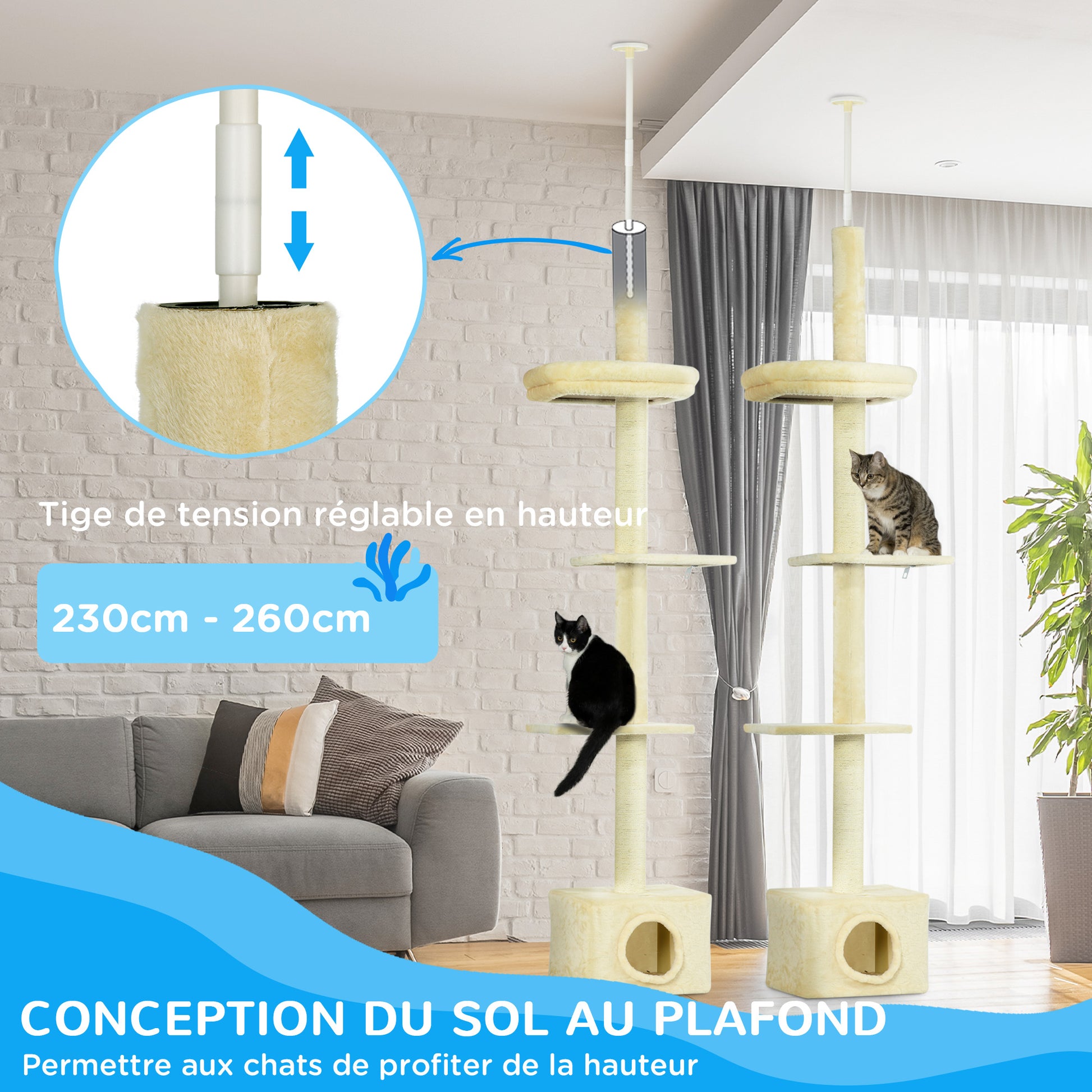 Adjustable Height Cat Tree from 230 to 260 cm Play Tower for Cats Scratching Post 4 Levels Activity with Plush Beige Niche