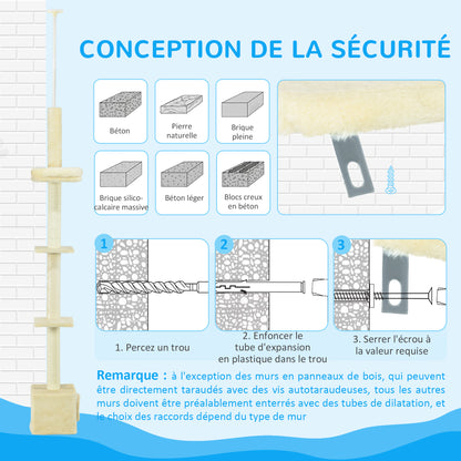 Adjustable Height Cat Tree from 230 to 260 cm Play Tower for Cats Scratching Post 4 Levels Activity with Plush Beige Niche