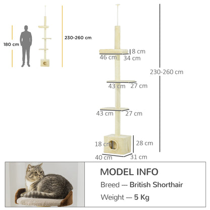 Adjustable Height Cat Tree from 230 to 260 cm Play Tower for Cats Scratching Post 4 Levels Activity with Plush Beige Niche
