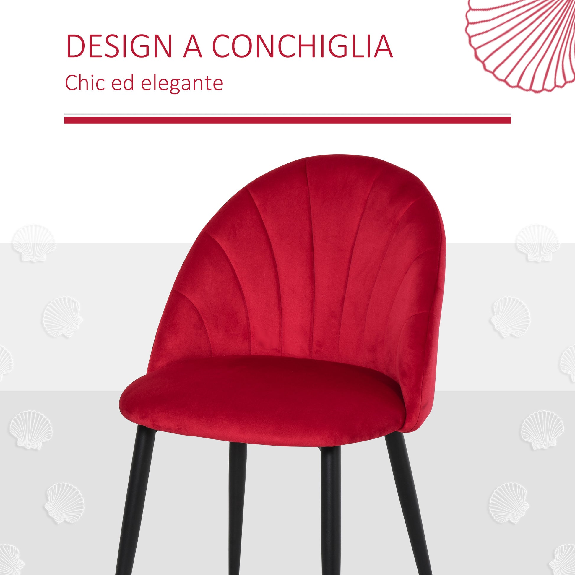 Set of 2 Velvet Dining Chairs, Kitchen and Living Room Chairs with Metal Legs and Shell Backrest, Red