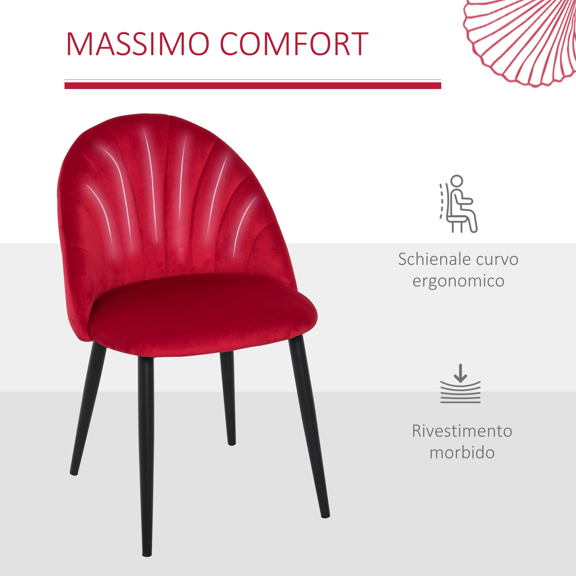 Set of 2 Velvet Dining Chairs, Kitchen and Living Room Chairs with Metal Legs and Shell Backrest, Red