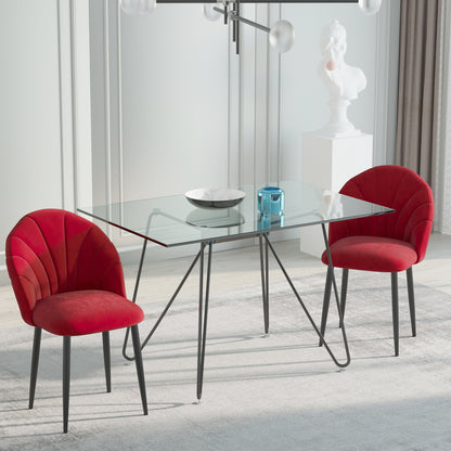 Set of 2 Velvet Dining Chairs, Kitchen and Living Room Chairs with Metal Legs and Shell Backrest, Red