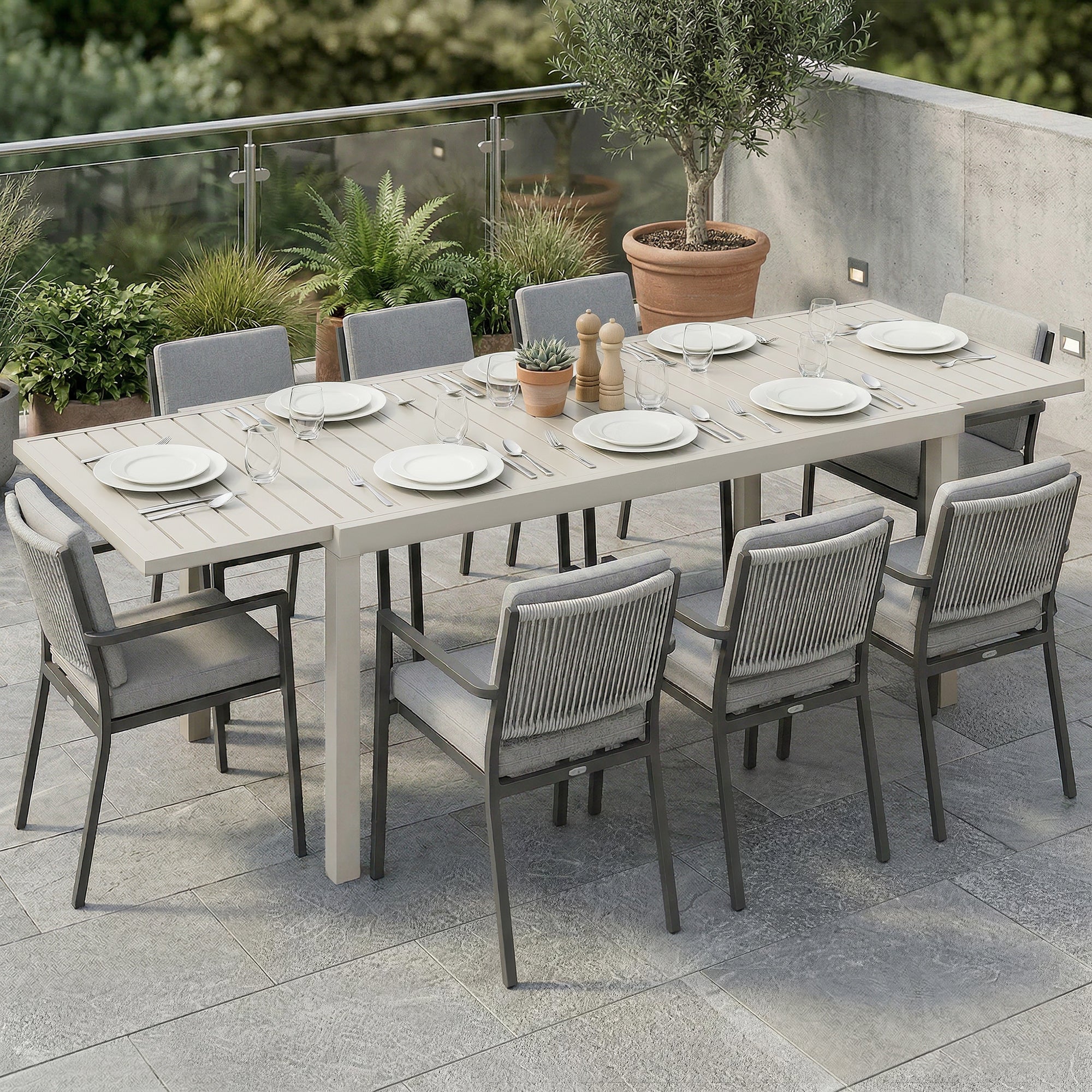 Extendable Garden Dining Table — 59.1/88.6 x 33.5 x 29.5 in (150/225 x 85 x 75 cm), Rectangular Aluminum Slatted Top, Seats 6–8, White