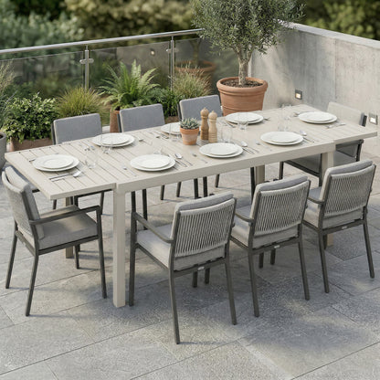 Extendable Garden Dining Table — 59.1/88.6 x 33.5 x 29.5 in (150/225 x 85 x 75 cm), Rectangular Aluminum Slatted Top, Seats 6–8, White