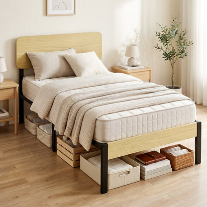Bed Frame 35.4 x 78.7 in with Headboard & Footboard – Platform Bed with Under-Bed Storage, 14 Slats, Natural Wood Finish