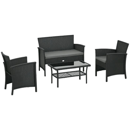 4-Piece Outdoor Rattan PE Lounge Set, Garden Lounge with 2-Seater Sofa, 2 Armchairs with Cushions and Glass Coffee Table, Black and Gray