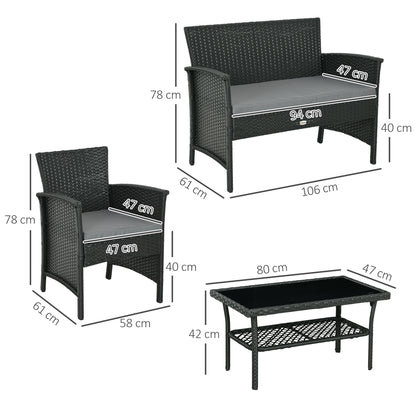 4-Piece Outdoor Rattan PE Lounge Set, Garden Lounge with 2-Seater Sofa, 2 Armchairs with Cushions and Glass Coffee Table, Black and Gray