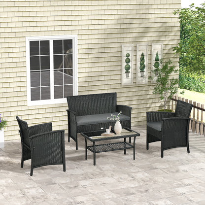4-Piece Outdoor Rattan PE Lounge Set, Garden Lounge with 2-Seater Sofa, 2 Armchairs with Cushions and Glass Coffee Table, Black and Gray