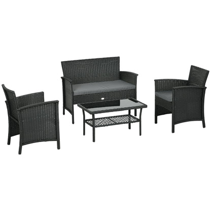4-Piece Outdoor Rattan PE Lounge Set, Garden Lounge with 2-Seater Sofa, 2 Armchairs with Cushions and Glass Coffee Table, Black and Gray