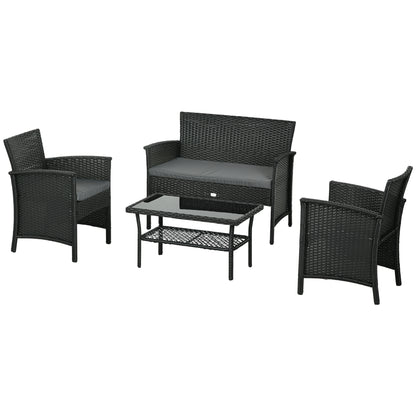 4-Piece Outdoor Rattan PE Lounge Set, Garden Lounge with 2-Seater Sofa, 2 Armchairs with Cushions and Glass Coffee Table, Black and Gray