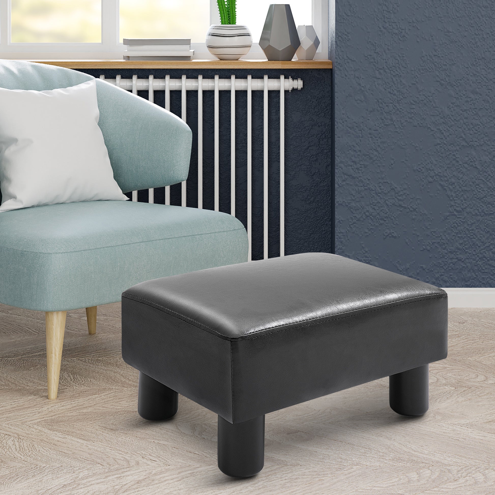Footstool with Faux Leather Modern Ottoman Footrest Faux Leather Stool for Bedroom, Living Room, Black