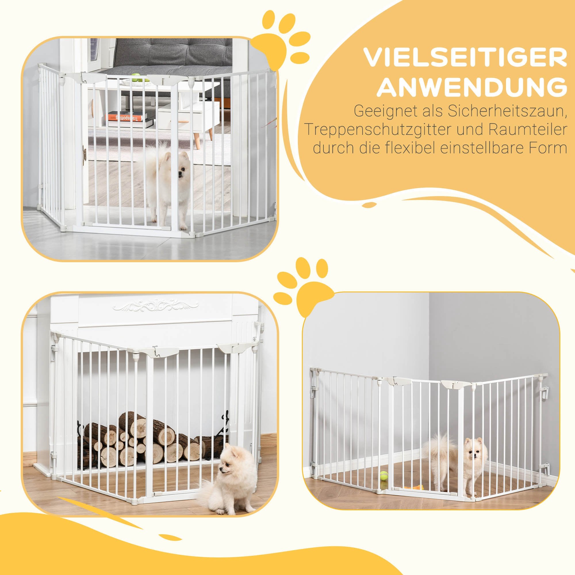 Dog Barrier Gate Protection Gate Dog Gate Door Protection Gate 3 Elements incl. Safety Door, Wall-Mounted Positioning for Fireplace & Oven, Metal White 180 x 3 x 74.5 cm