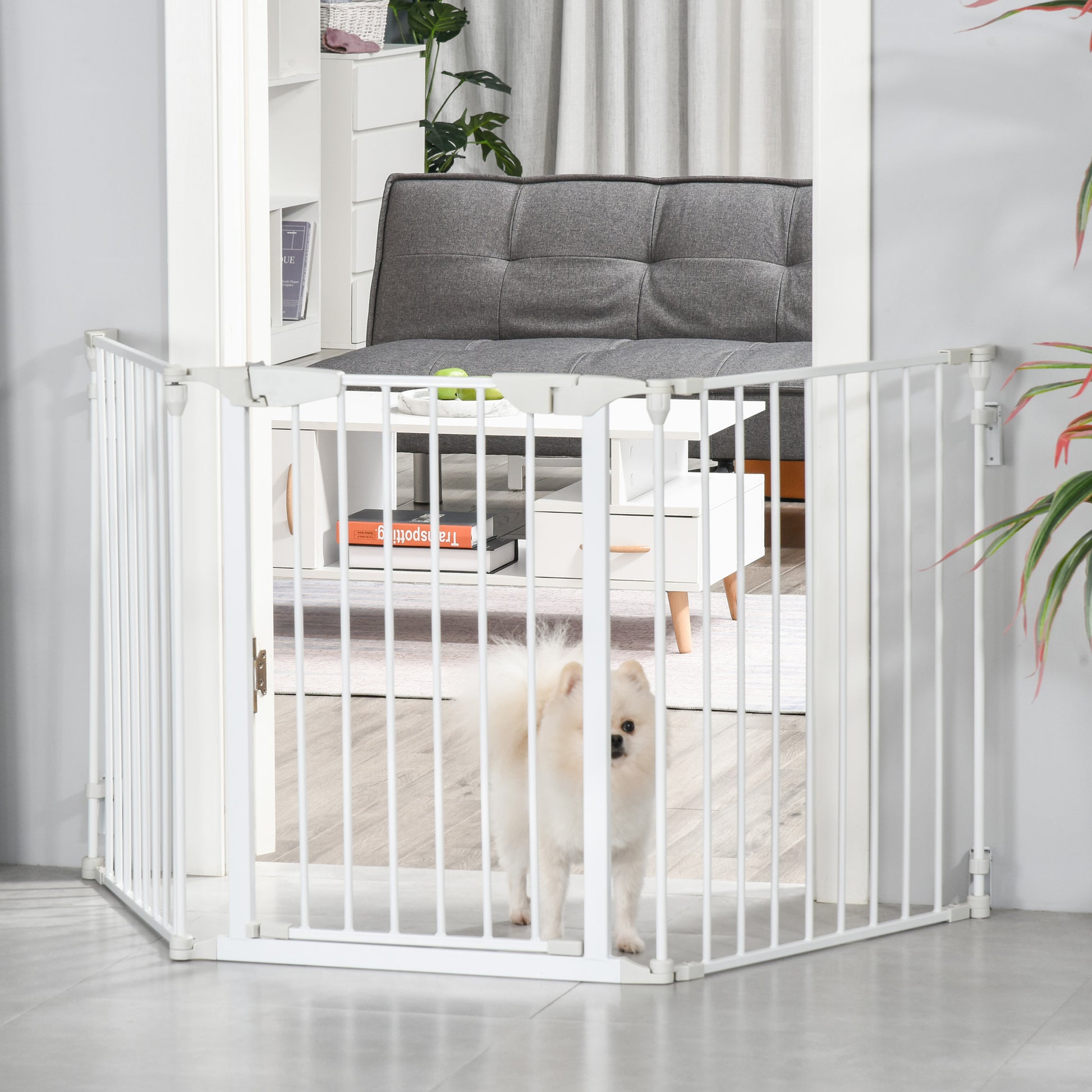 Dog Barrier Gate Protection Gate Dog Gate Door Protection Gate 3 Elements incl. Safety Door, Wall-Mounted Positioning for Fireplace & Oven, Metal White 180 x 3 x 74.5 cm