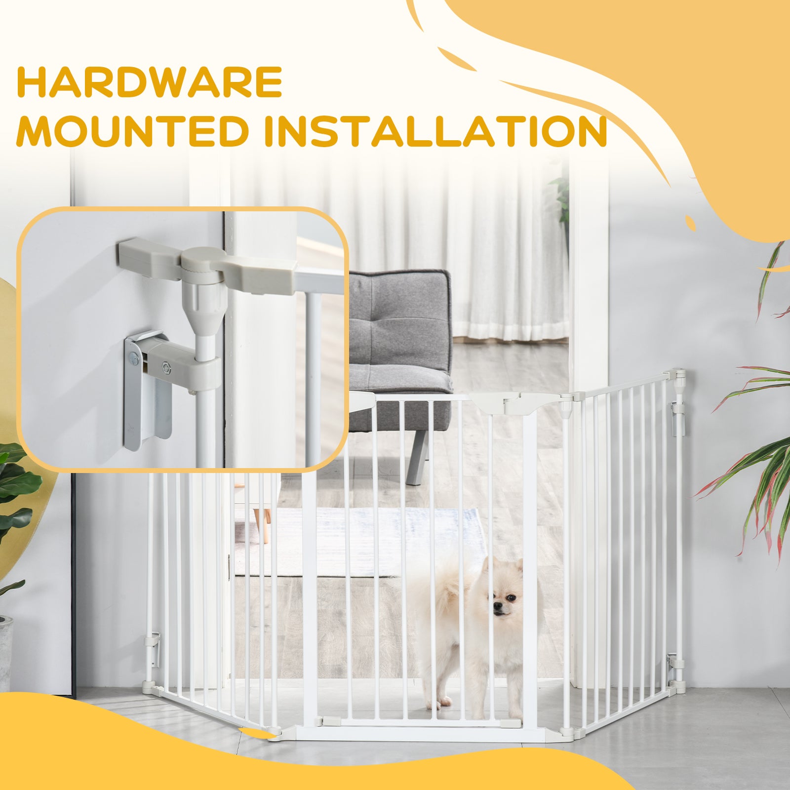 Dog Barrier Gate Protection Gate Dog Gate Door Protection Gate 3 Elements incl. Safety Door, Wall-Mounted Positioning for Fireplace & Oven, Metal White 180 x 3 x 74.5 cm