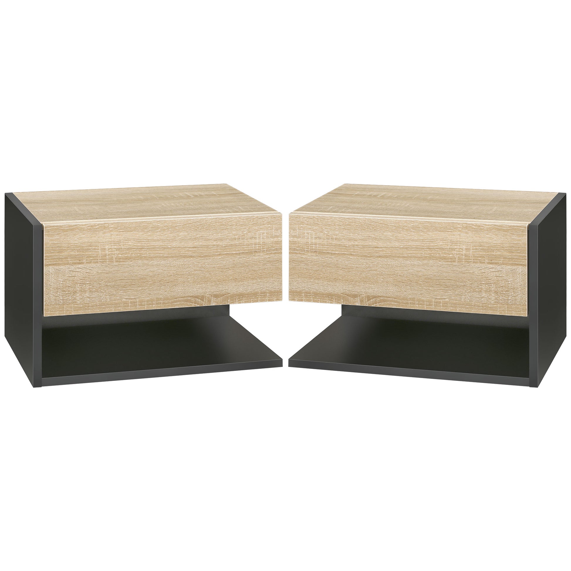 Set of 2 Floating Bedside Tables Hanging Bedside Tables with 1 Drawer and Open Shelf for Bedroom 46x30x30 cm Oak and Black