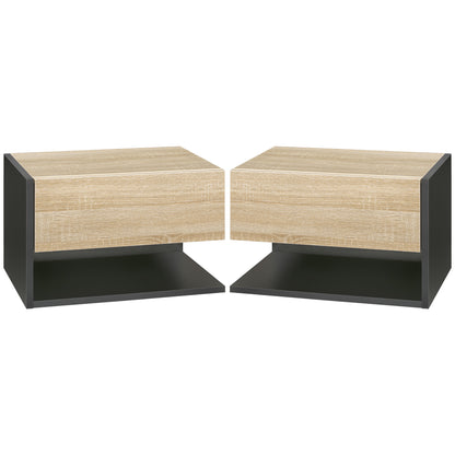 Set of 2 Floating Bedside Tables Hanging Bedside Tables with 1 Drawer and Open Shelf for Bedroom 46x30x30 cm Oak and Black