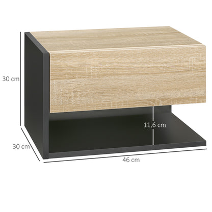 Set of 2 Floating Bedside Tables Hanging Bedside Tables with 1 Drawer and Open Shelf for Bedroom 46x30x30 cm Oak and Black