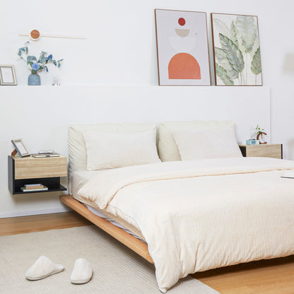 Set of 2 Floating Bedside Tables Hanging Bedside Tables with 1 Drawer and Open Shelf for Bedroom 46x30x30 cm Oak and Black