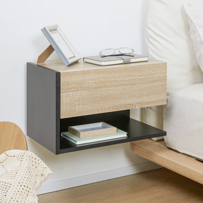 Set of 2 Floating Bedside Tables Hanging Bedside Tables with 1 Drawer and Open Shelf for Bedroom 46x30x30 cm Oak and Black