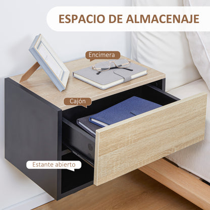 Set of 2 Floating Bedside Tables Hanging Bedside Tables with 1 Drawer and Open Shelf for Bedroom 46x30x30 cm Oak and Black