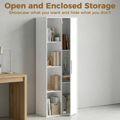 7-Tier Bookcase with Door, 4 Open Shelves & Adjustable Shelves — Modern Free-Standing Shelf 23.6 x 13.8 x 63 in (60 x 35 x 160 cm) — White