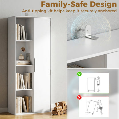 7-Tier Bookcase with Door, 4 Open Shelves & Adjustable Shelves — Modern Free-Standing Shelf 23.6 x 13.8 x 63 in (60 x 35 x 160 cm) — White