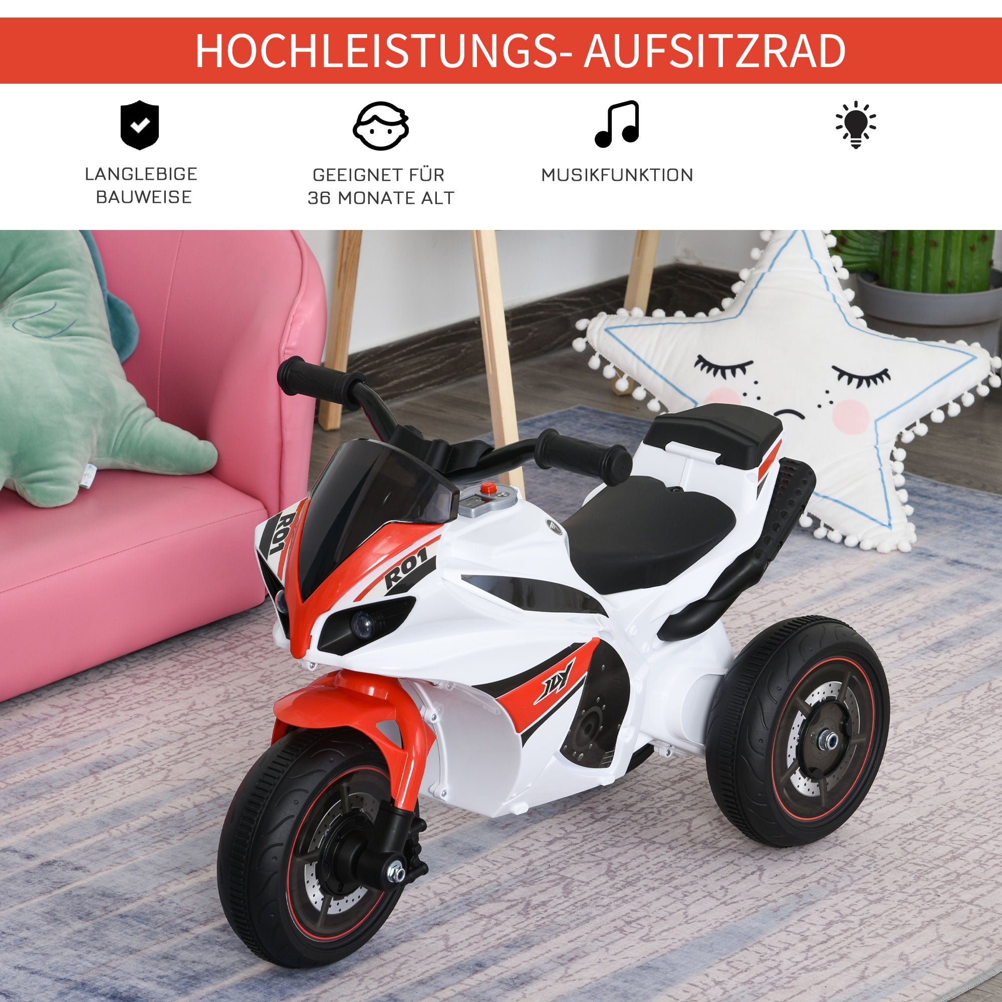 Ride-On Car with Music and Headlights for Kids 18-36 Months White