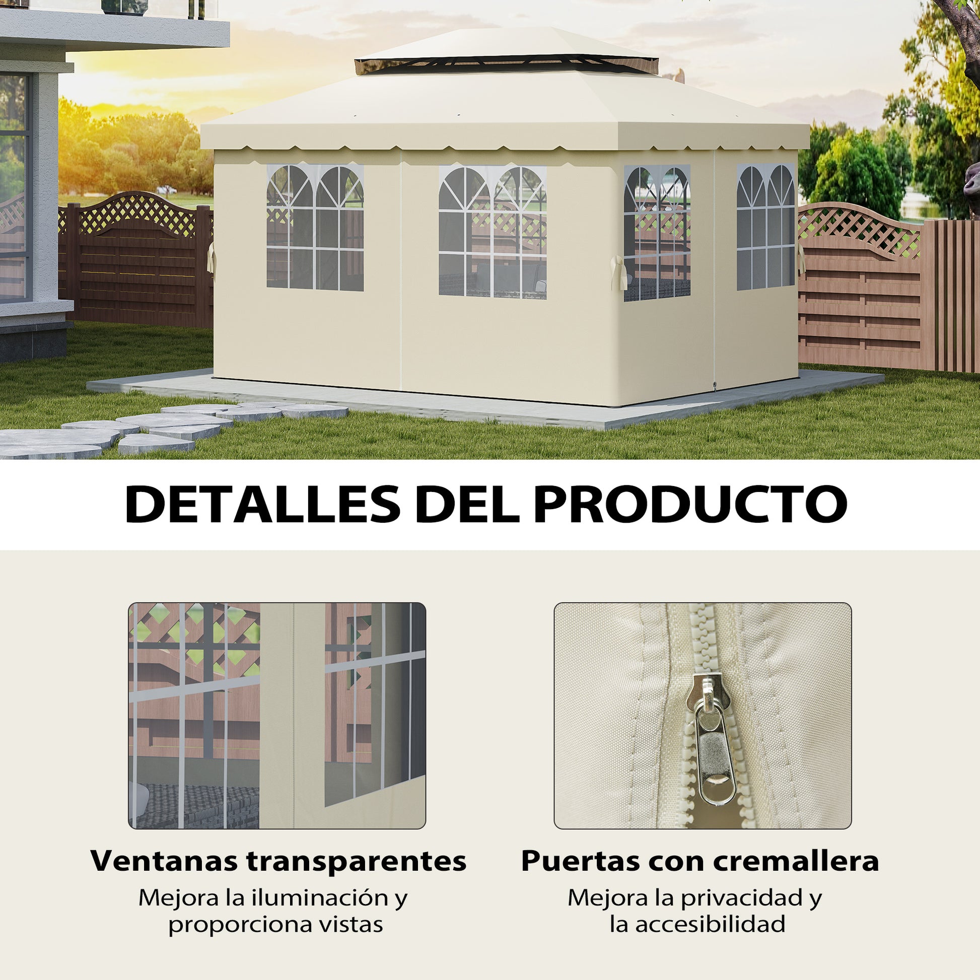 4 Side Walls for Gazebo 3x4 m Canopy Sides with Hooks 8 Windows UV Protection Replacement Side for Outdoor Garden Party Cream