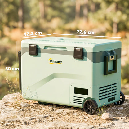 42.5L Portable Electric Cooler (12/24/240V) — Compressor Fridge/Freezer, Bluetooth App, LED Display, ECO & MAX Modes, Handle, Phone Holder, Wheels (Green/Black)
