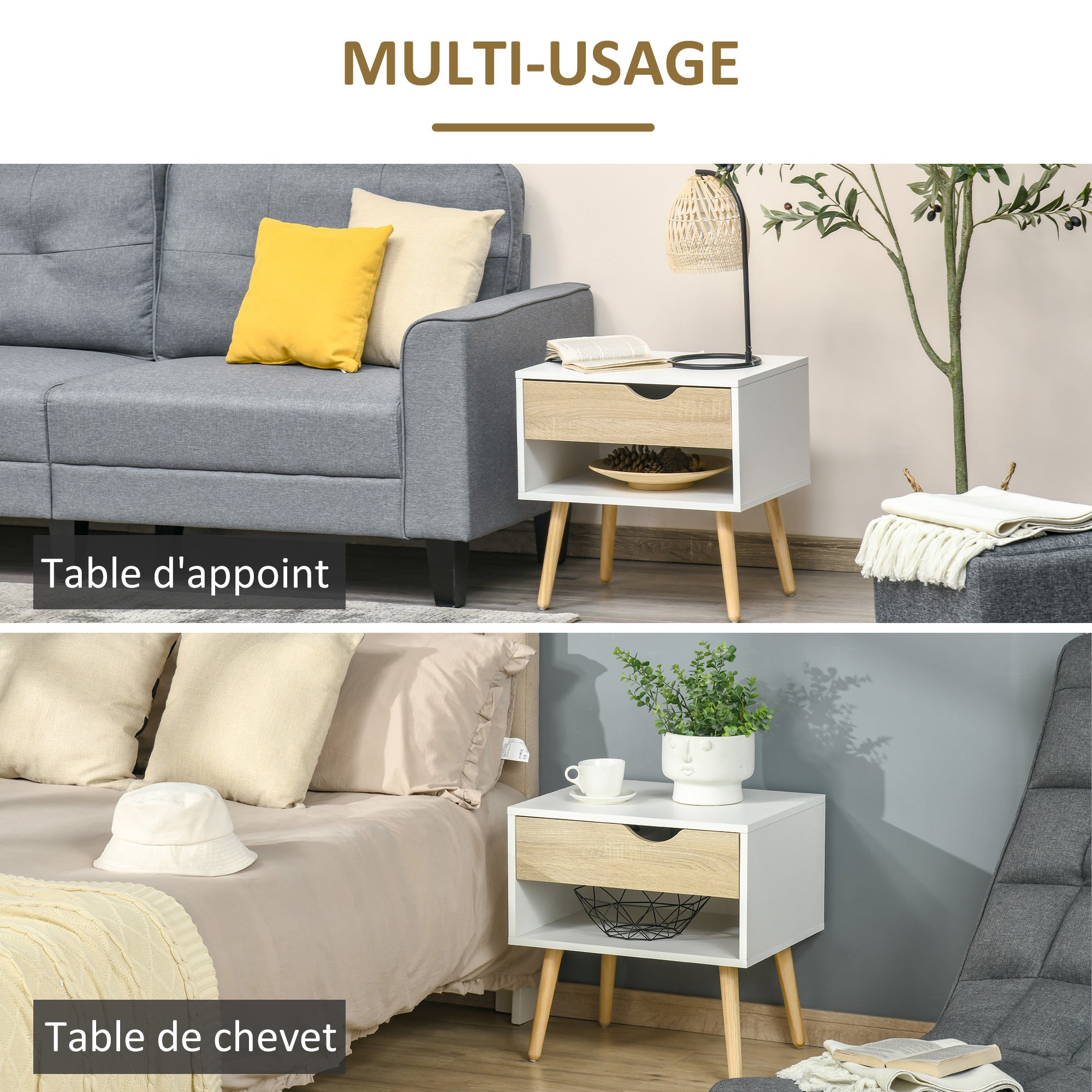 Bedside Table, Night Stand, with Drawer, Modern Design, Solid Wood Legs, 50 x 39 x 51 cm, White and Natural Wood