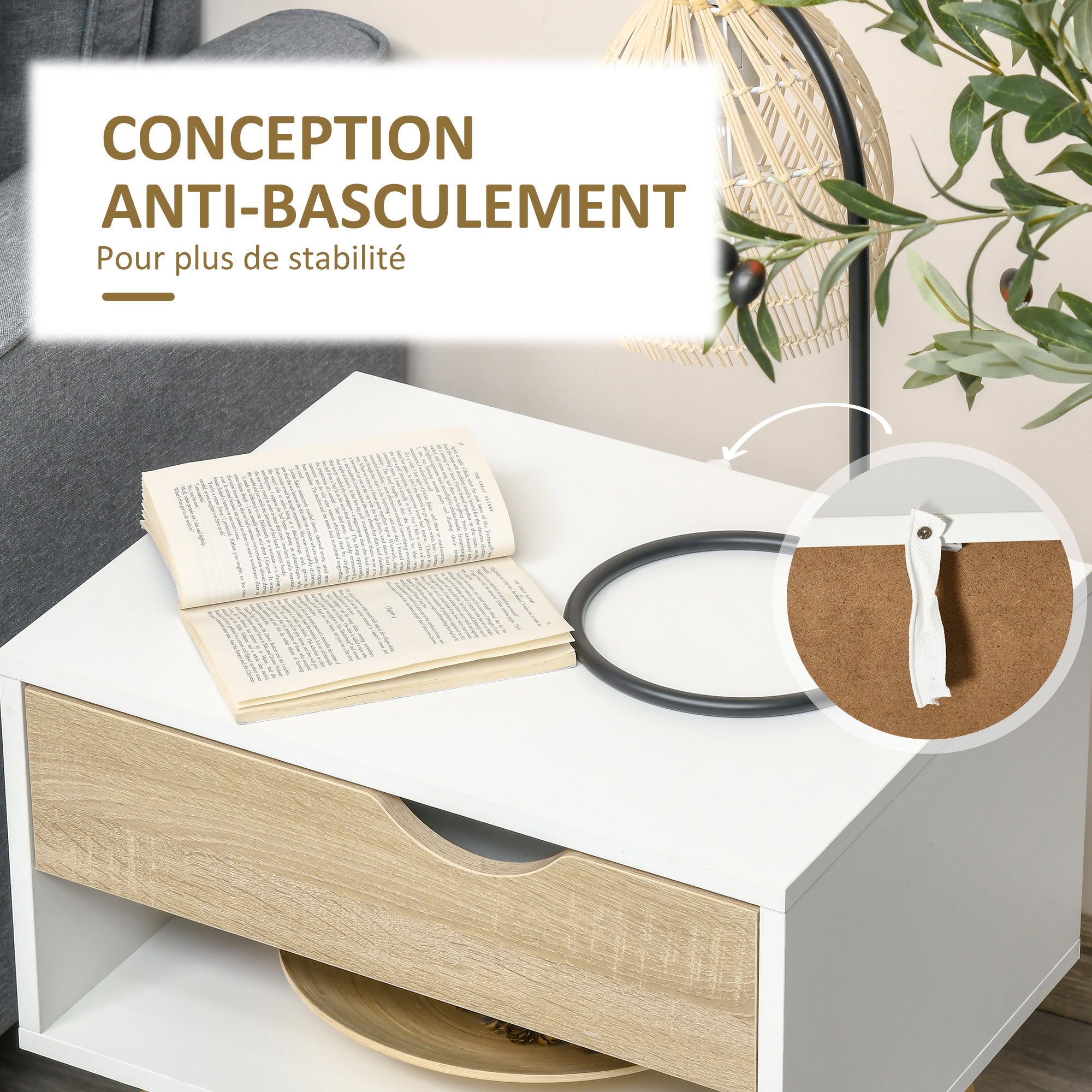 Bedside Table, Night Stand, with Drawer, Modern Design, Solid Wood Legs, 50 x 39 x 51 cm, White and Natural Wood