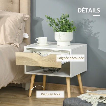 Bedside Table, Night Stand, with Drawer, Modern Design, Solid Wood Legs, 50 x 39 x 51 cm, White and Natural Wood
