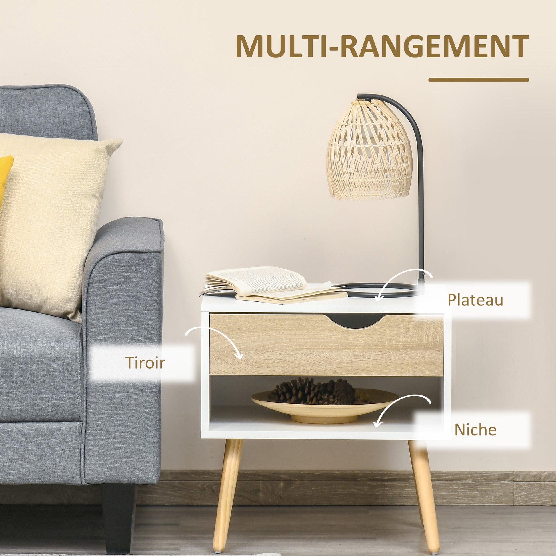 Bedside Table, Night Stand, with Drawer, Modern Design, Solid Wood Legs, 50 x 39 x 51 cm, White and Natural Wood