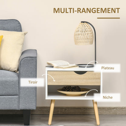 Bedside Table, Night Stand, with Drawer, Modern Design, Solid Wood Legs, 50 x 39 x 51 cm, White and Natural Wood