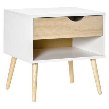 Bedside Table, Night Stand, with Drawer, Modern Design, Solid Wood Legs, 50 x 39 x 51 cm, White and Natural Wood