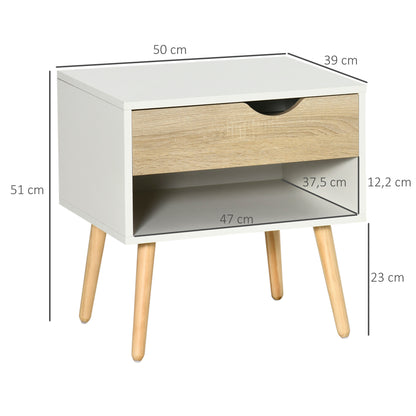 Bedside Table, Night Stand, with Drawer, Modern Design, Solid Wood Legs, 50 x 39 x 51 cm, White and Natural Wood