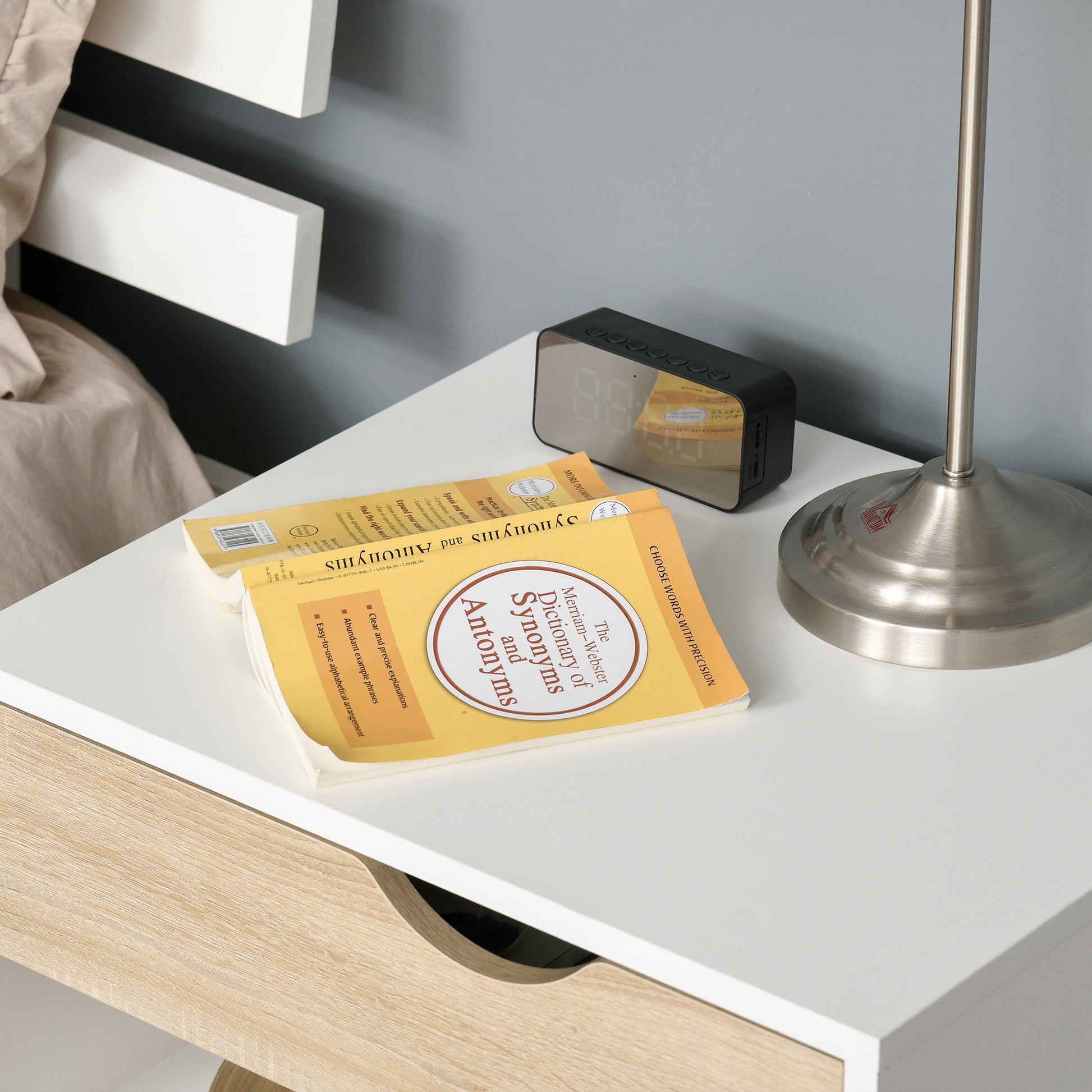 Bedside Table, Night Stand, with Drawer, Modern Design, Solid Wood Legs, 50 x 39 x 51 cm, White and Natural Wood