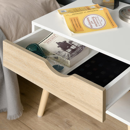 Bedside Table, Night Stand, with Drawer, Modern Design, Solid Wood Legs, 50 x 39 x 51 cm, White and Natural Wood