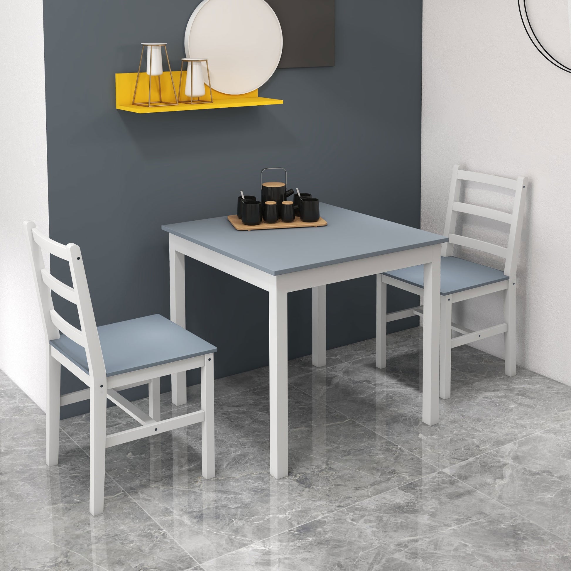 3-Piece Dining Set, Dining Table with 2 Chairs, Dining Group for 2 People, Kitchen Table Set, Table Group for Living Room, Kitchen, Space-Saving Gray+White, Pine Wood