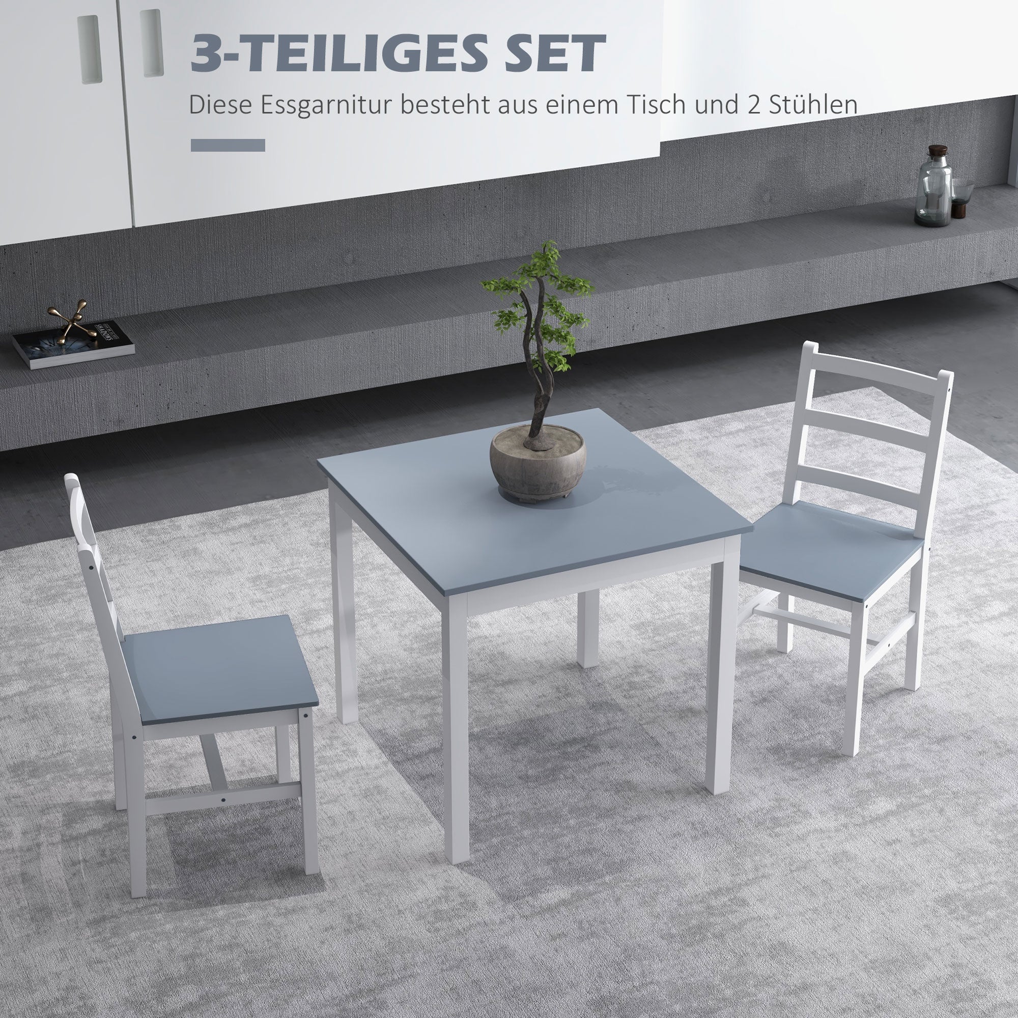 3-Piece Dining Set, Dining Table with 2 Chairs, Dining Group for 2 People, Kitchen Table Set, Table Group for Living Room, Kitchen, Space-Saving Gray+White, Pine Wood