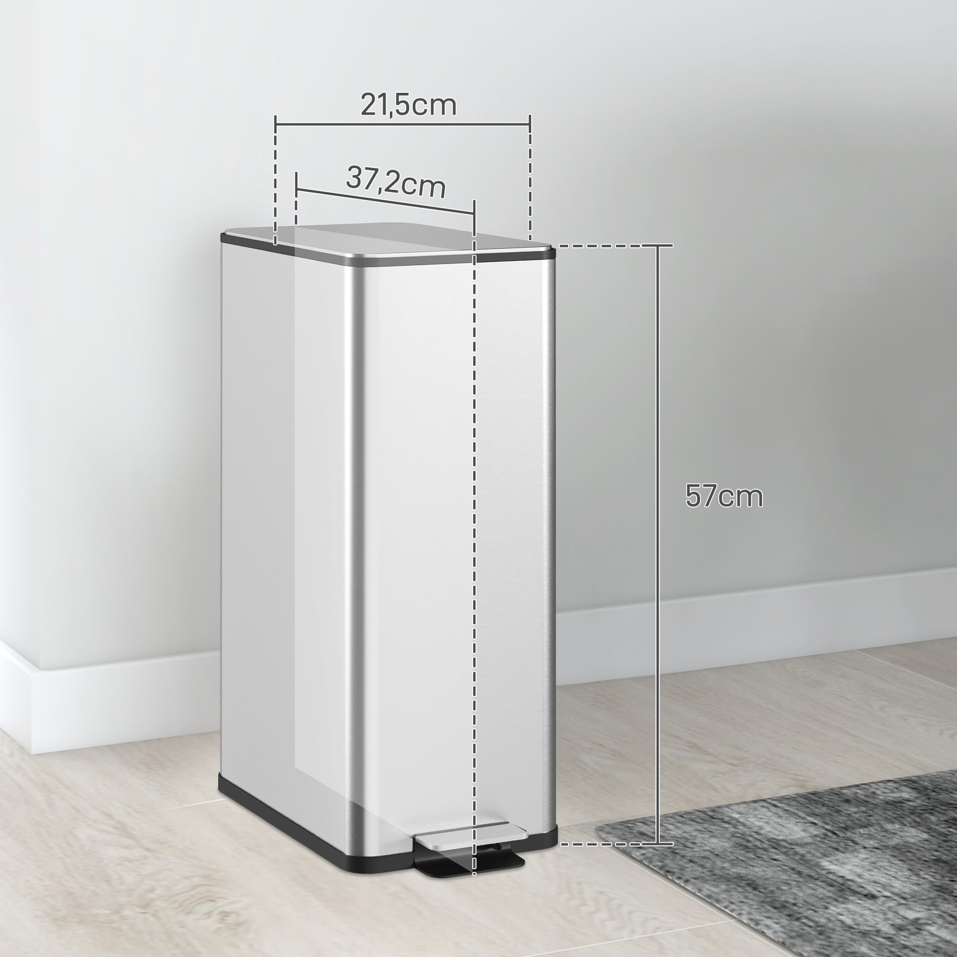 20L Trash Can with Soft Close Lid and Pedal, Trash Bin incl. Inner Bucket, Waste Collector, Stainless Steel for Bathroom, Bedroom, or Living Room, Silver, 21.5 x 37.2 x 57 cm