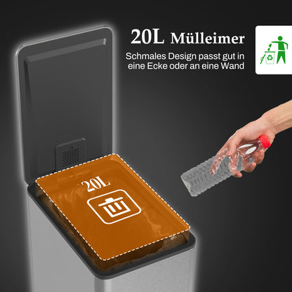 20L Trash Can with Soft Close Lid and Pedal, Trash Bin incl. Inner Bucket, Waste Collector, Stainless Steel for Bathroom, Bedroom, or Living Room, Silver, 21.5 x 37.2 x 57 cm